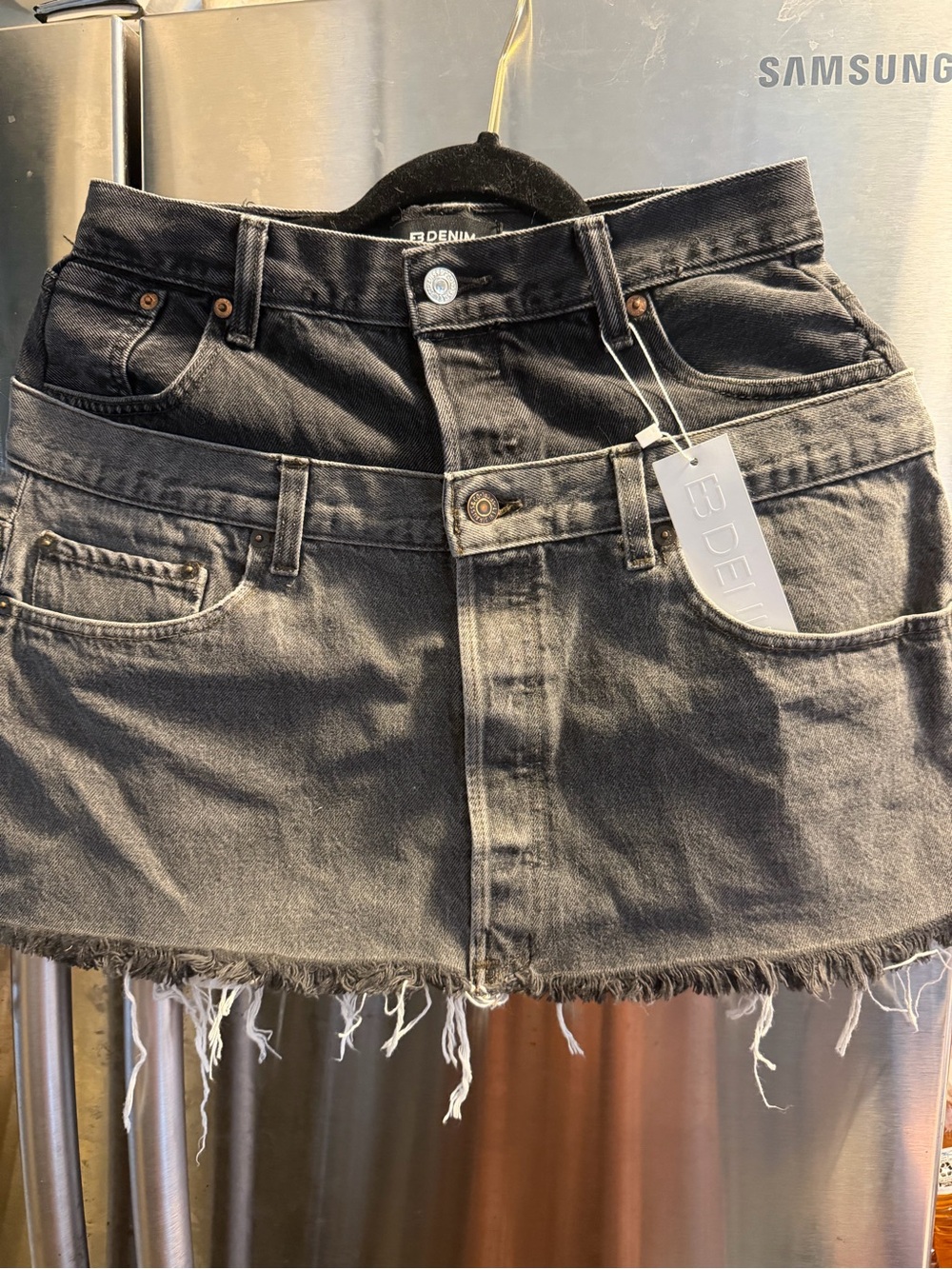 EB Denim Washed Black Frayed Hem Mini Skirt
